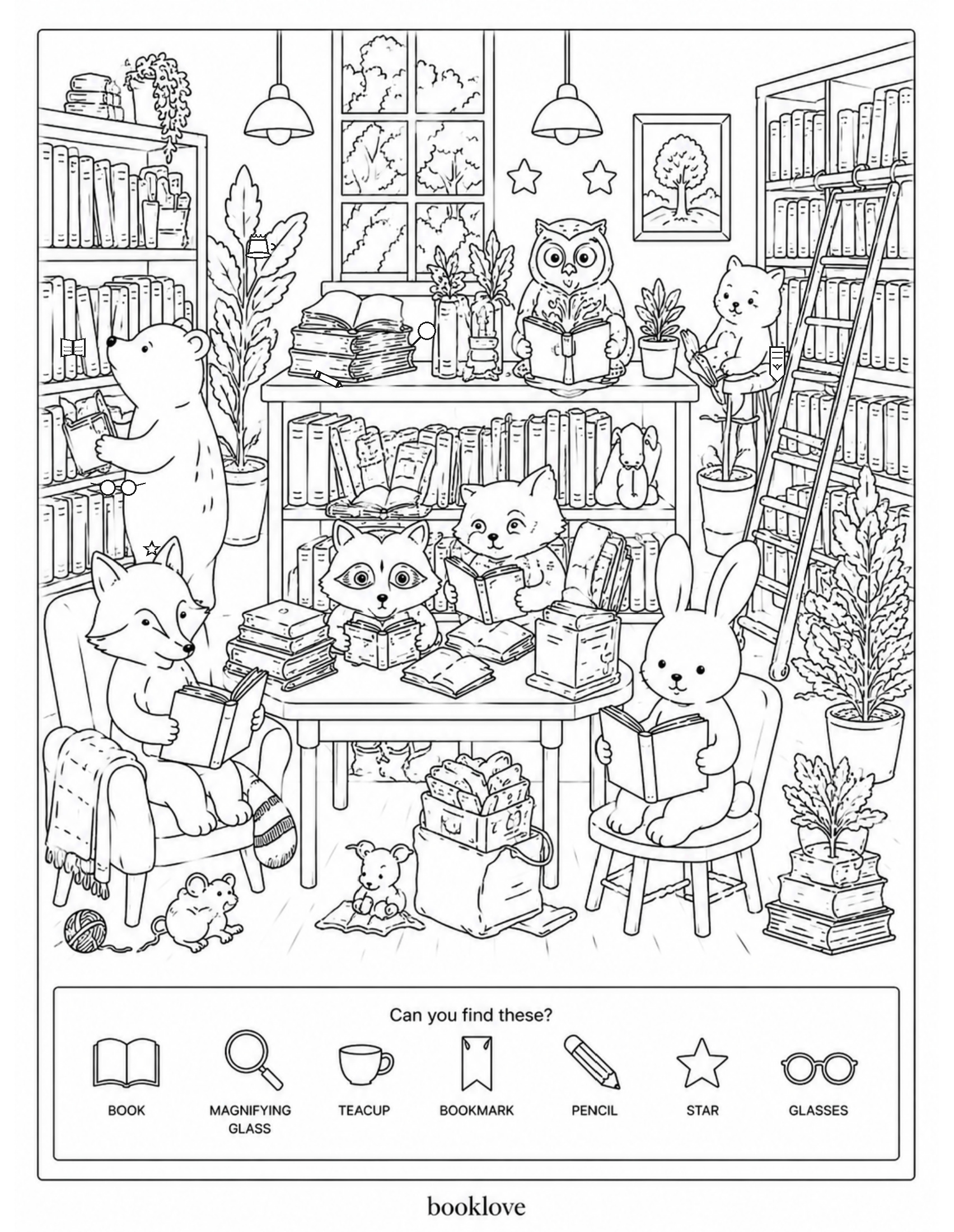 Free Animal Library Hidden Object Coloring Page for Kids