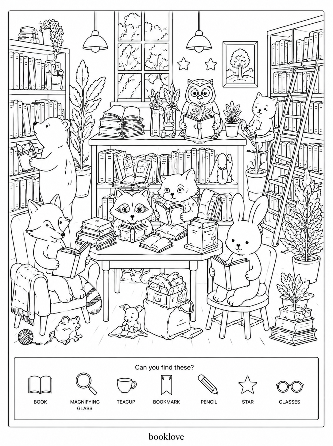 Animal Library and Hidden Picture Coloring Page - Ages 4-8