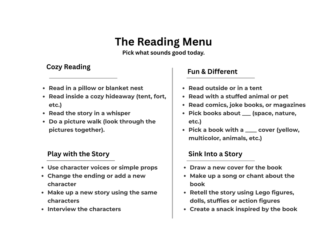 Reading Menu Printable for Kids